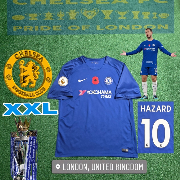 Nike Chelsea FC Eden Hazard #10 2017/2018 Home Blue Jersey Gold EPL Patch Rare